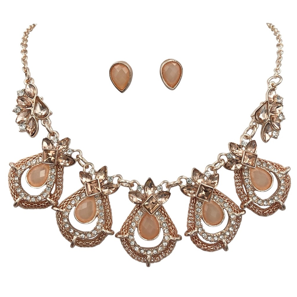 Fancy Rose Gold Peach Gem Necklace Earrings Set